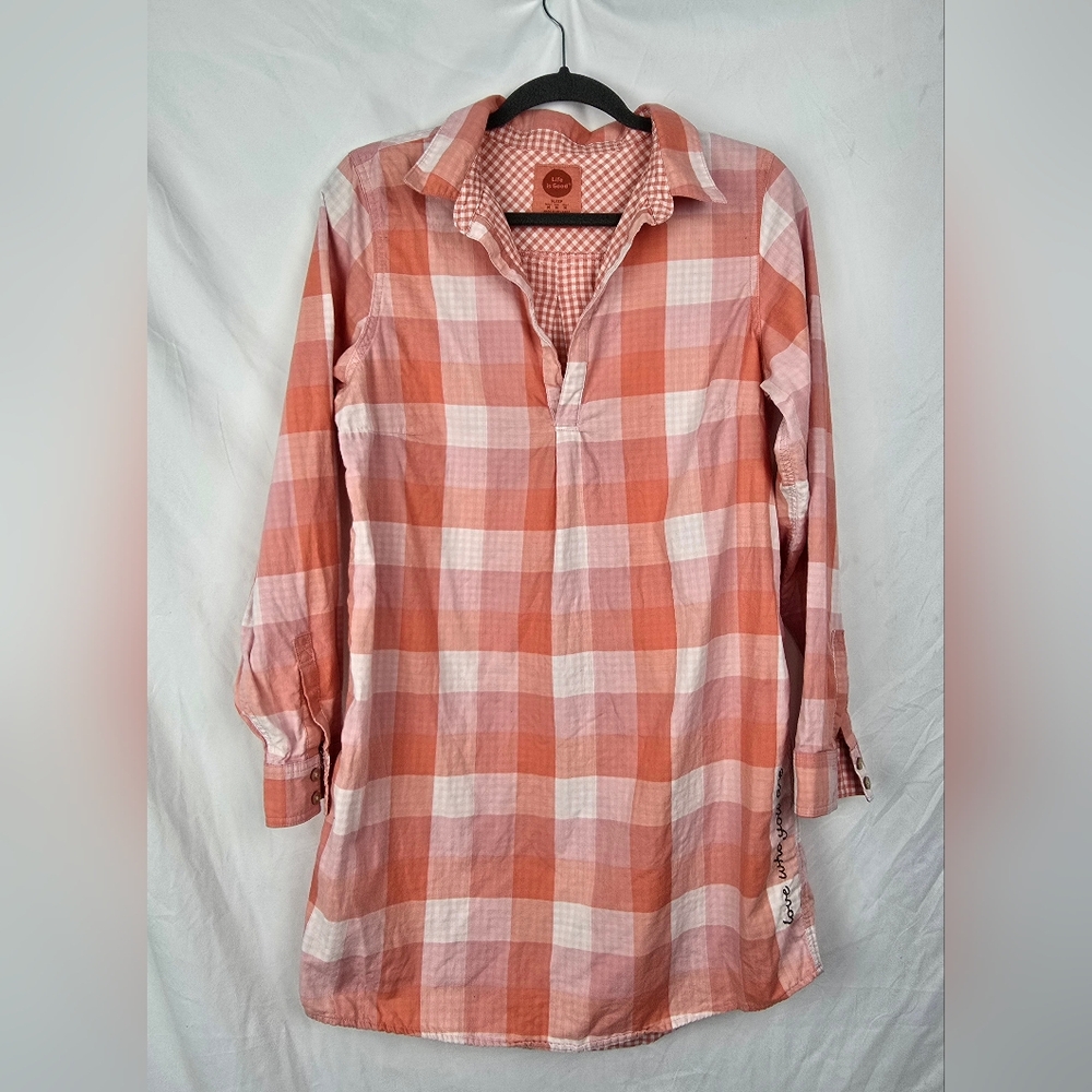 Life Is Good Sleep Peach Buffalo Plaid Henley Embroidered Shirt Dress sz M